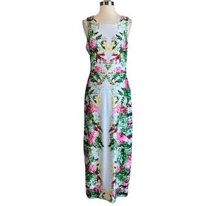 GUESS Floral Print Cutout Back Sleeveless Sheath Long Maxi Dress Blue Size 12